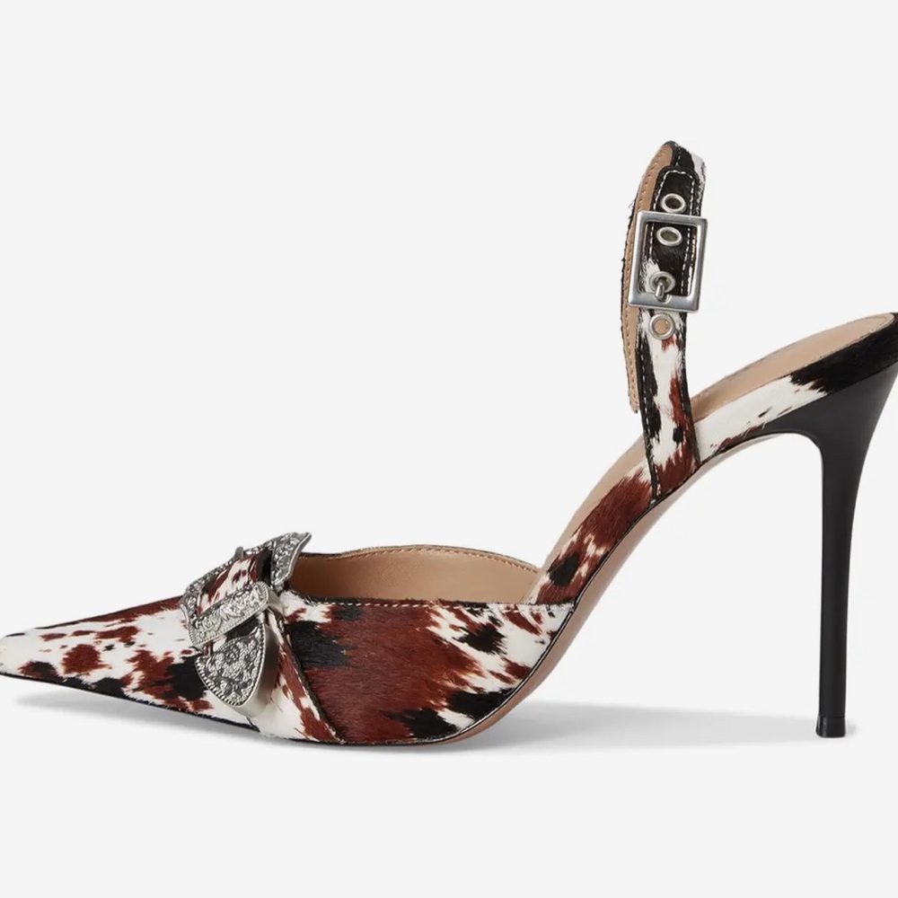 Steve Madden Brown White Cow Print Pointed Slingback Heels with Silver Buckles - Picture 4 of 12